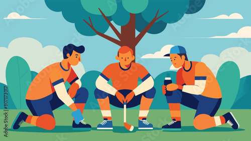 A group of street hockey players take shelter under the shade of a nearby tree taking a break and rehydrating before returning to the game their. Vector illustration