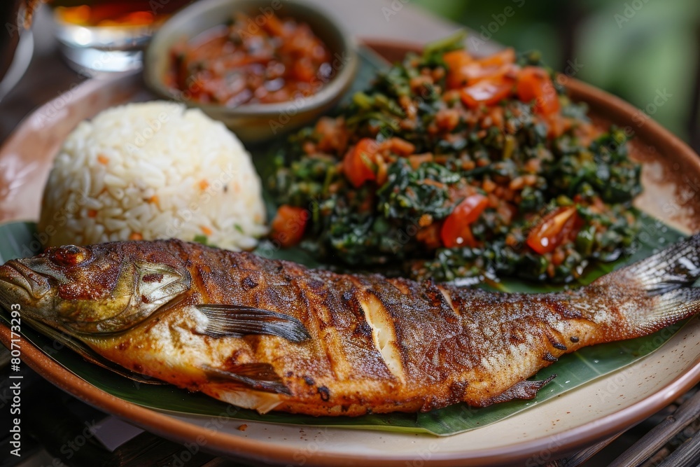 Tilapia with kales and Ugali an East African dish
