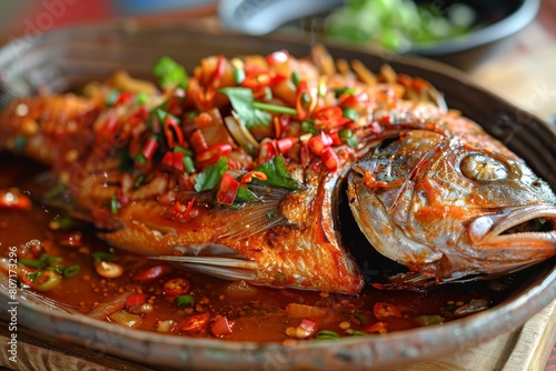 Tilapia or Mujair fish is a popular lunch choice especially when grilled with spicy red chili photo