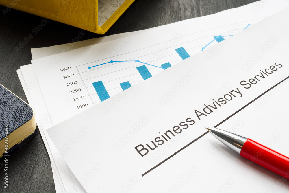 Business advisory services concept. A stack of financial charts and a folder. Business advisory services concept. A stack of financial charts and a folder.