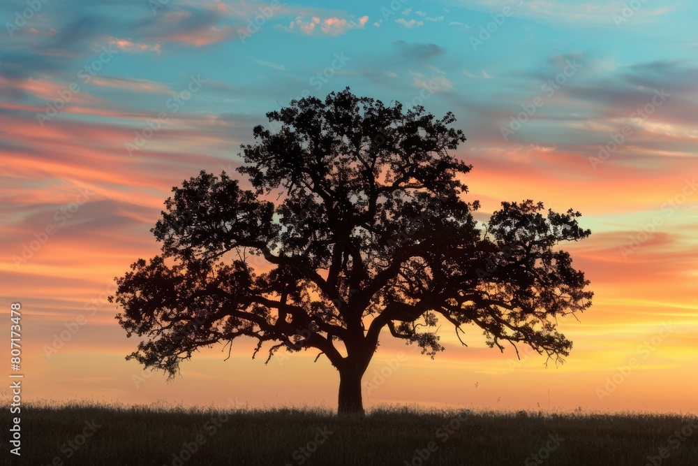 silhouette of oak tree with sunset sky background idyllic landscape