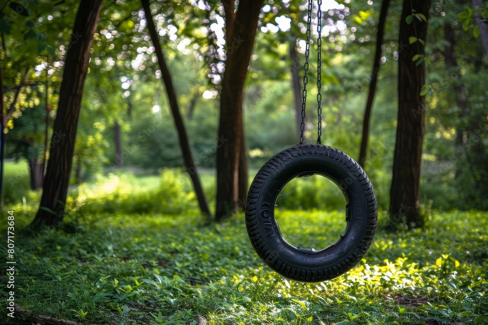 Tire swing at adventure camp in park Tire swing at adventure camp in park