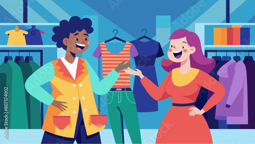 Amid the chaos of a crowded thrift store two friends giggling as they try on outrageous outfits and challenge each other to wear them in public.. Vector illustration