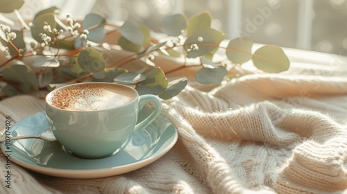 A soft green cup of coffee of leaves boho style