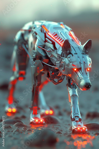 The robotic wolf with glowing red eyes walks through the post-apocalyptic wasteland.