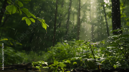 A forest with rain falling on the leaves