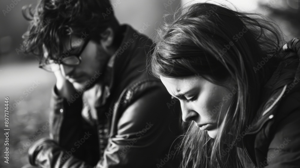 This black and white photo depicts an emotional breakdown in a relationship between two people. This black and white photo depicts an emotional breakdown in a relationship between two people.