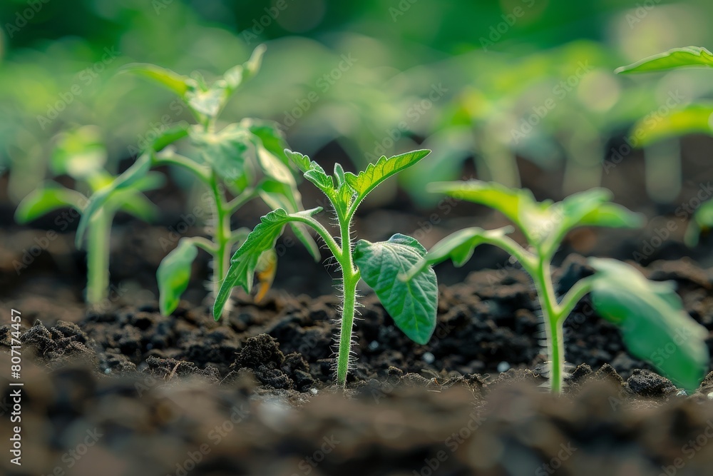 Tomato seedlings growing in greenhouse soil signify farming and gardening with new sprouts in early spring Tomato seedlings growing in greenhouse soil signify farming and gardening with new sprouts in early spring