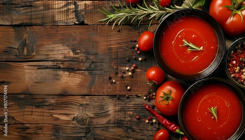 Tomato red pepper soup with olive oil rosemary and smoked paprika on wooden background