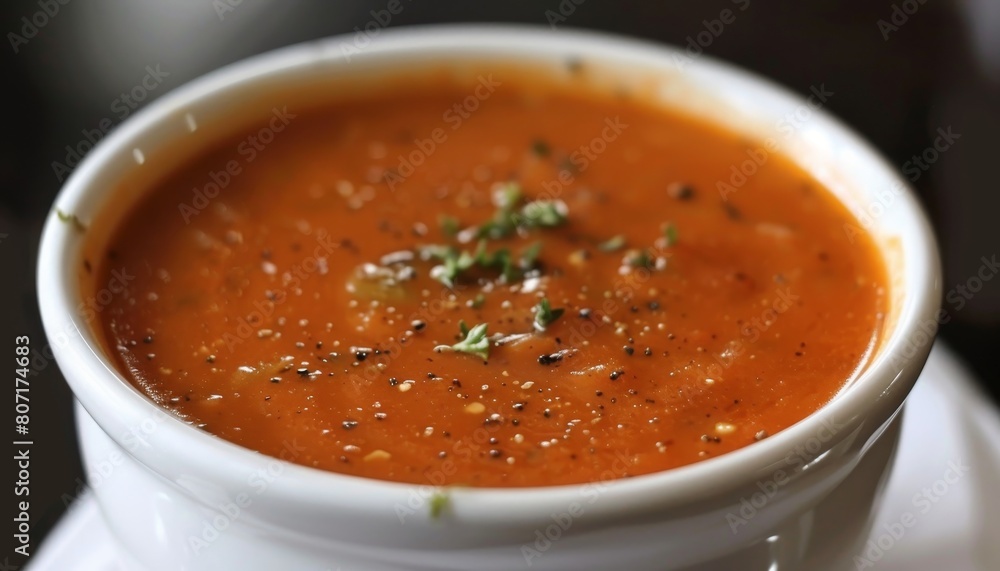 Tomato soup served in a white bowl Tomato soup served in a white bowl