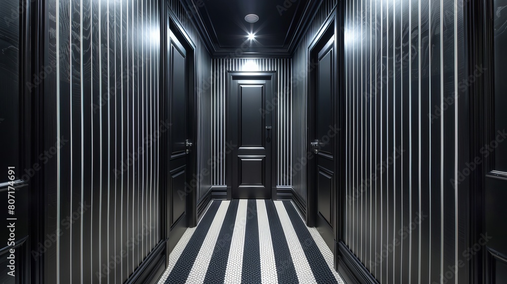 Dark and mysterious hotel hallway with black and white striped floor. Dark and mysterious hotel hallway with black and white striped floor.