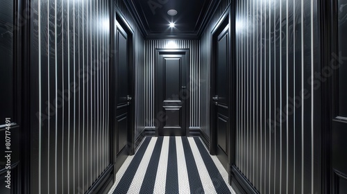 Dark and mysterious hotel hallway with black and white striped floor.