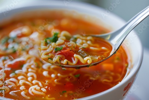 Tomato soup with alphabet noodles on a spoon photo