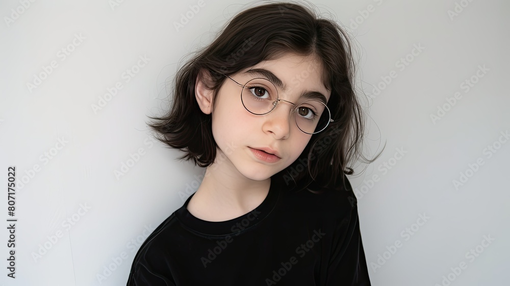 The girl's glasses perfectly complement her outfit, adding a touch of chic to her ensemble. The girl's glasses perfectly complement her outfit, adding a touch of chic to her ensemble.