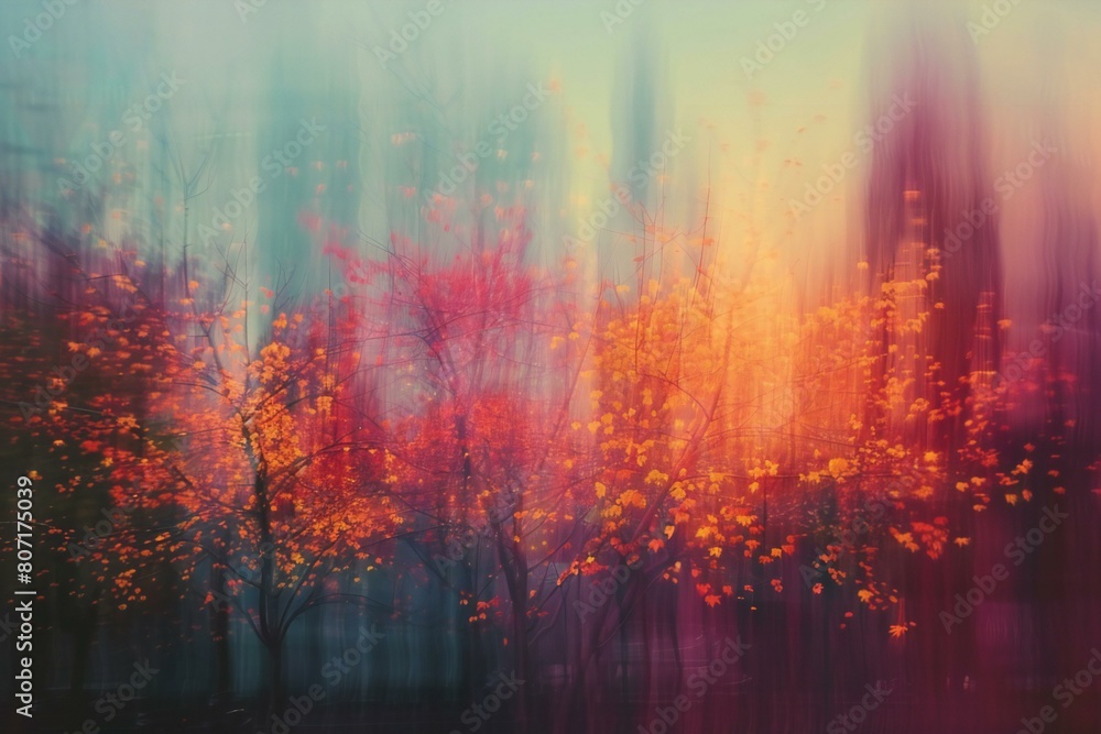 Autumn forest in the fog,  Blurred image of trees