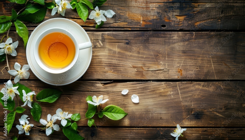 Top down view of a cup of green tea and a jasmine flower on a wooden table with space for text Background of herbal and alternative medicine Top down view of a cup of green tea and a jasmine flower on a wooden table with space for text Background of herbal and alternative medicine