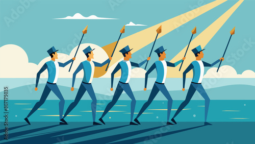 A line of baton twirlers marching along the waters edge their batons glinting in the sunlight.. Vector illustration