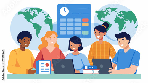 A group of international students chatting in a study hall using a webbased college cost calculator to compare the financial differences between. Vector illustration