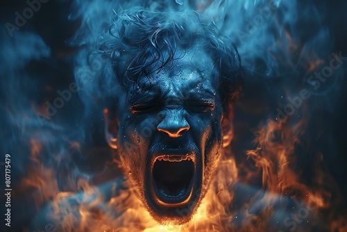 Screaming zombie face in flames   Horror concept   Halloween