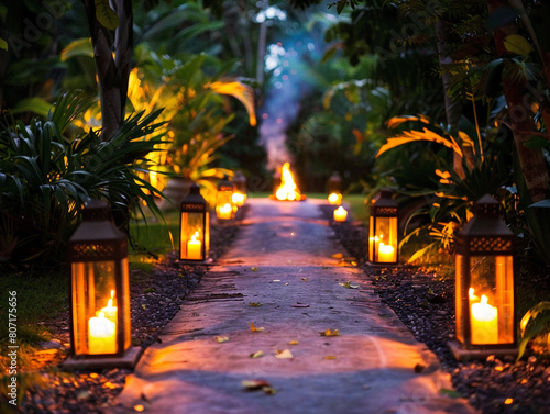 Twinkling lanterns guide the way down a pathway to a warm and inviting bonfire.