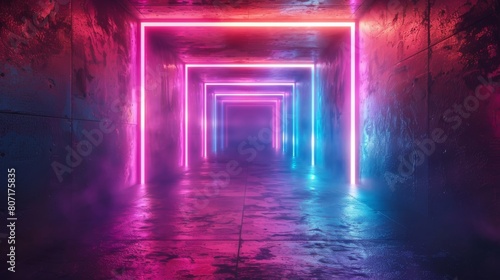 Neon-lit tunnel with pink and blue reflections on wet concrete