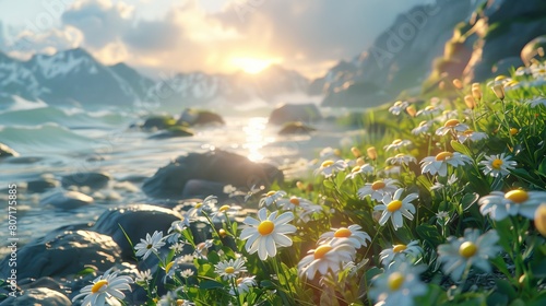 The daisies are in full bloom and the sun is shining brightly, A beautiful day to be enjoyed outside.