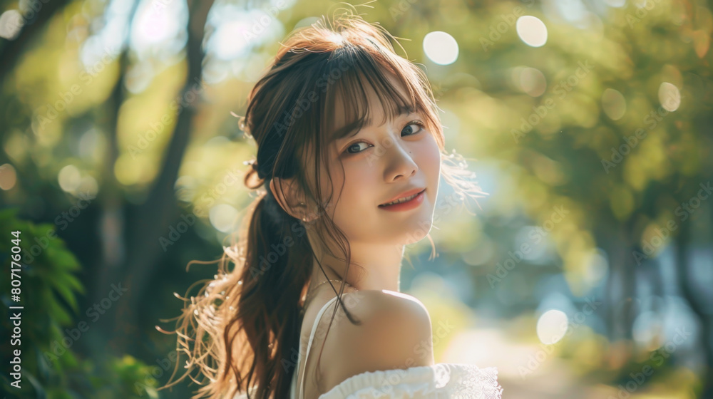 A woman with long brown hair and a white dress is smiling in a park. Concept of happiness and relaxation, as the woman is enjoying her time outdoors A woman with long brown hair and a white dress is smiling in a park. Concept of happiness and relaxation, as the woman is enjoying her time outdoors