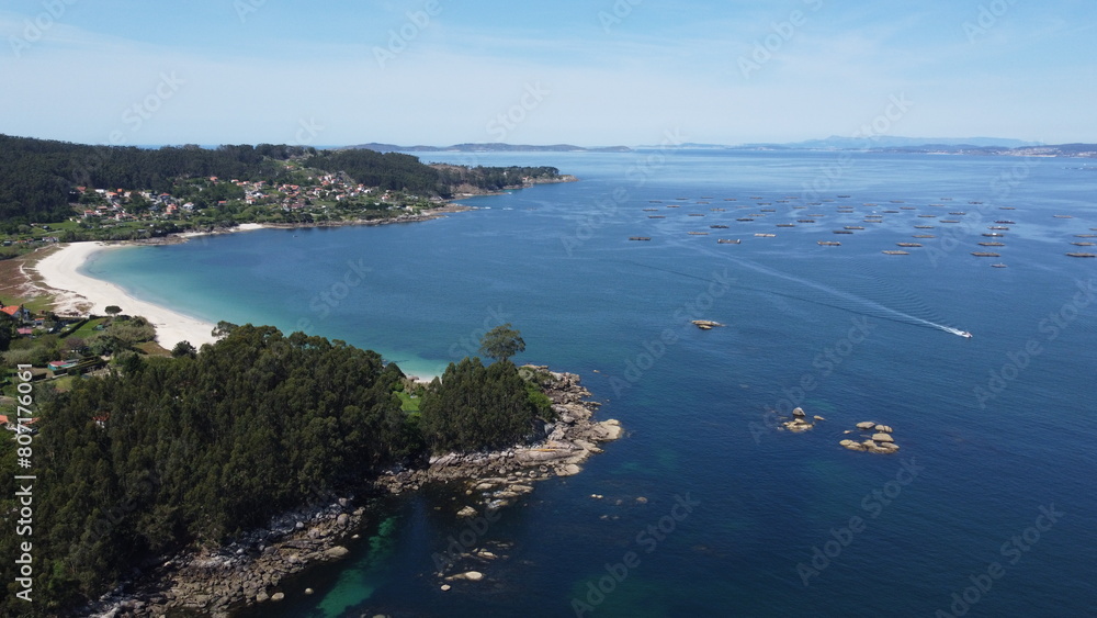 Galicia's coastal beauty captured from above: azure sea, sandy beach, and surrounding trees in aerial view
