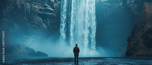 Majestic waterfall with mist, Traveler standing before rocky cliffs photo