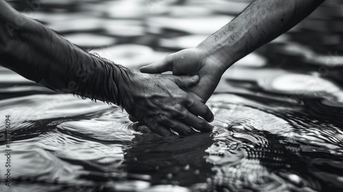 An image of two hands reaching for help at the time of salvation, black and white.
