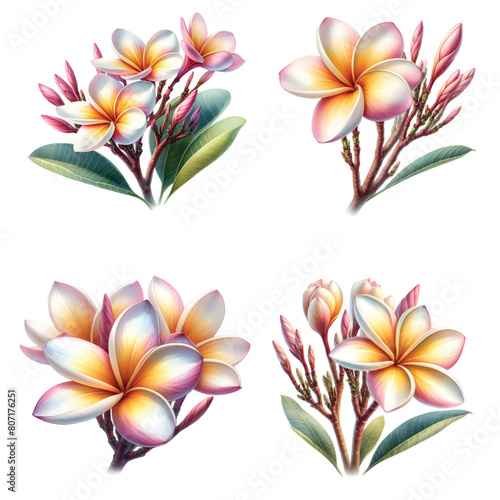 Botanical watercolor painting style of white Plumeria flowers, Vector Illustration