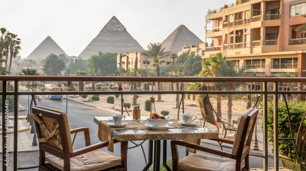 an authentic Egyptian breakfast spread, complete with traditional dishes like foul medames, taameya, and falafel, alongside freshly brewed coffee and a stack of crepes drizzled with honey.