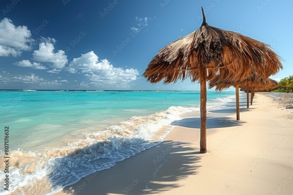 A beach scene featuring a thatched umbrella and clear blue water