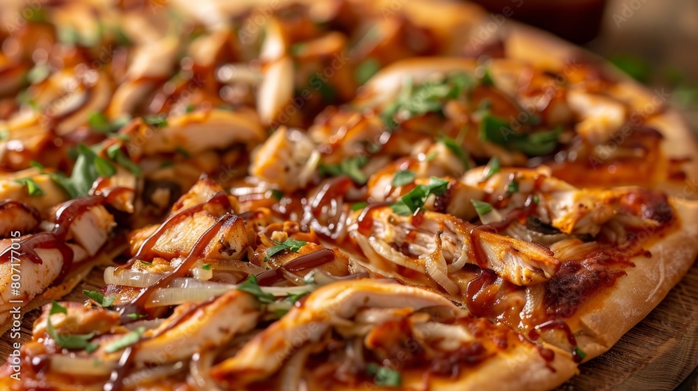 Close-up of a gourmet pizza topped with slices of juicy grilled chicken, tangy barbecue sauce, and caramelized onions, a flavor explosion. Close-up of a gourmet pizza topped with slices of juicy grilled chicken, tangy barbecue sauce, and caramelized onions, a flavor explosion.