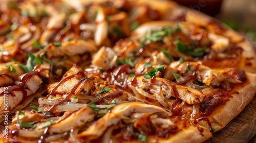 Close-up of a gourmet pizza topped with slices of juicy grilled chicken, tangy barbecue sauce, and caramelized onions, a flavor explosion.