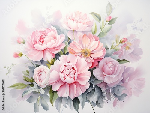 Soft, ethereal watercolor of a bouquet filled with ranunculus and stock, with overlapping petals suggesting a serene breeze ,  watercolor painting © Amina