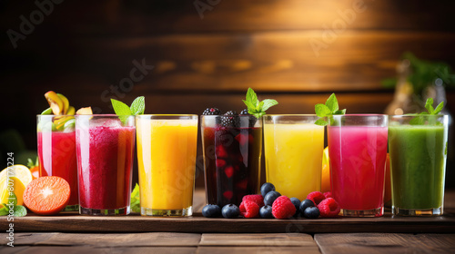 generated Illustration of fresh assorted fruit and juice in drinking glasses