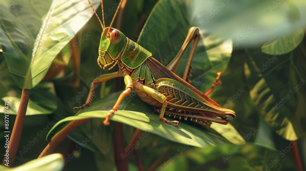 Fototapeta premium Close-up of a grasshopper perched on a leaf, camouflaged among the foliage with its green and brown markings.