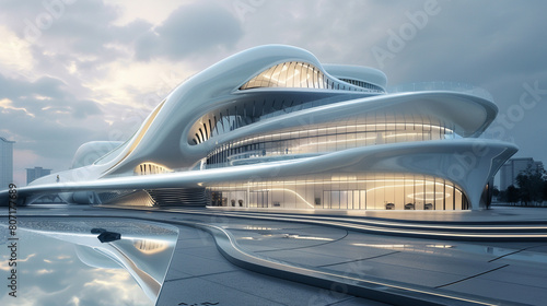 The image shows a modern architectural structure with a curved, wave-like design. It is made of glass and metal, with a large glass window on the front.