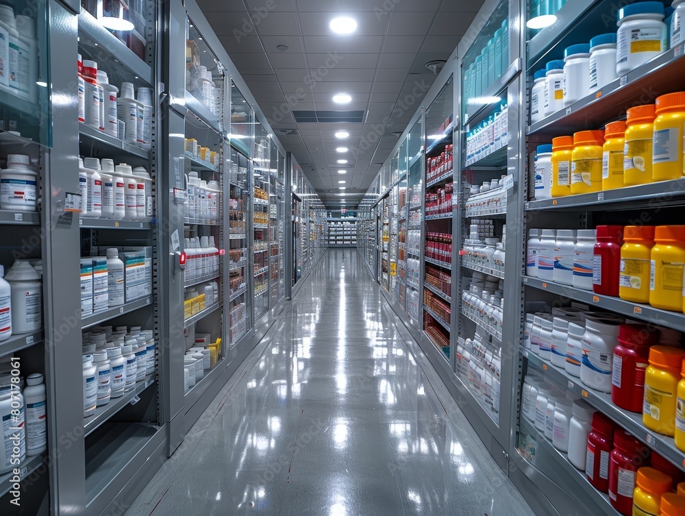Modern Pharmacy Storehouse with Extensive Inventory