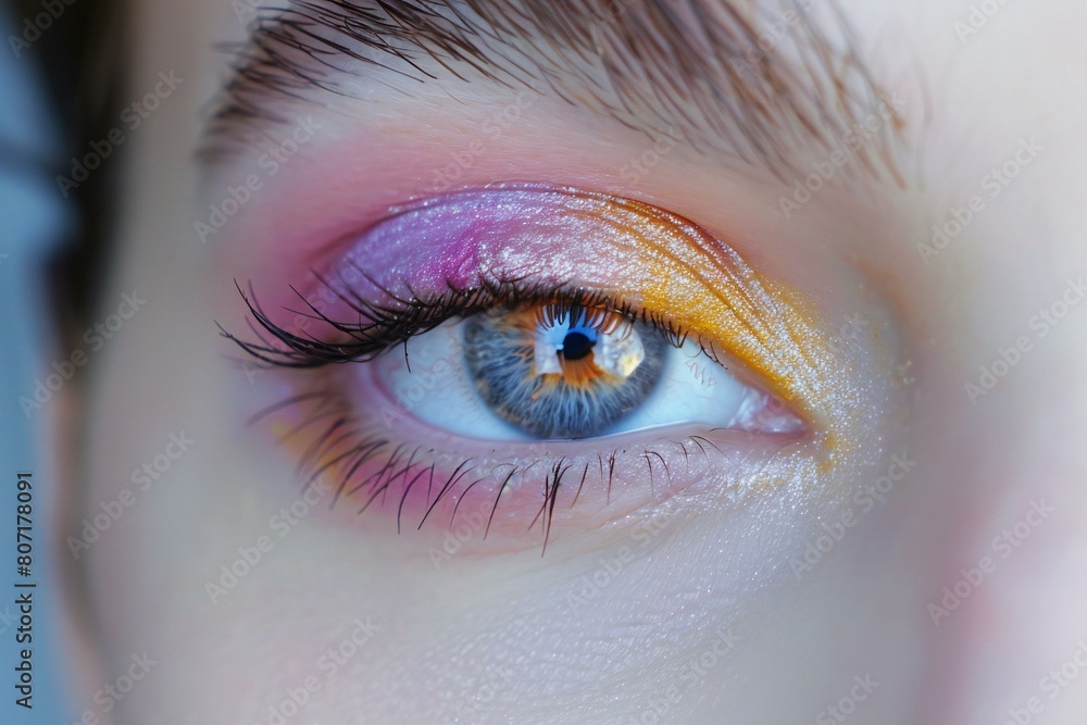 Close-up of beautiful woman's eye with blue eyeshadow