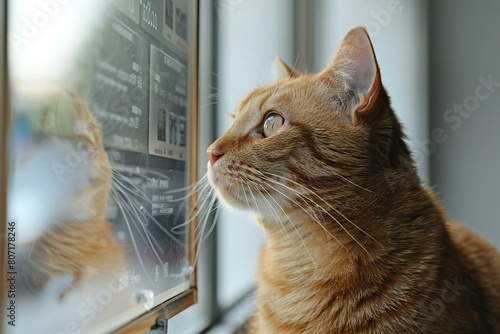Cute ginger cat sitting on window sill and looking out the window photo