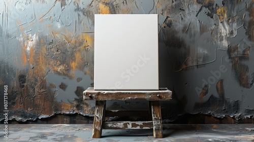 Blank canvas on wooden stool against grunge background.