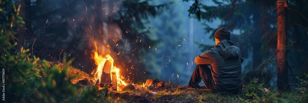 Solitude and Warmth: Man by Campfire in Forest Twilight Solitude and Warmth: Man by Campfire in Forest Twilight