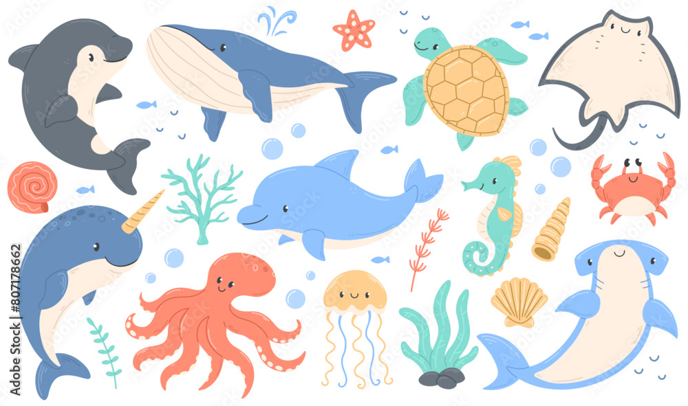 Cute ocean animals in cartoon flat style. Cute whale, dolphin, killer whale, octopus, crab, shark, turtle, stingray, seahorse, jellyfish. Vector illustration.