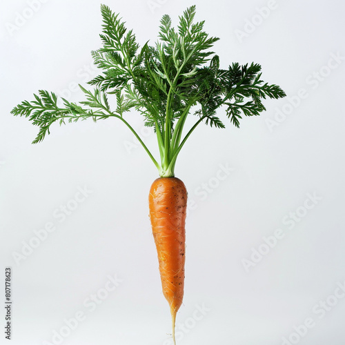 Fresh orange carrot with tops, crisp on white canvas.