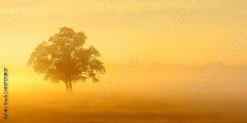 A majestic lone tree stands out against a misty  golden sunrise in a serene  open field  symbolizing peace and new beginnings