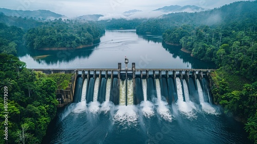 A hydroelectric dam spanning a river, with water flowing through its turbines