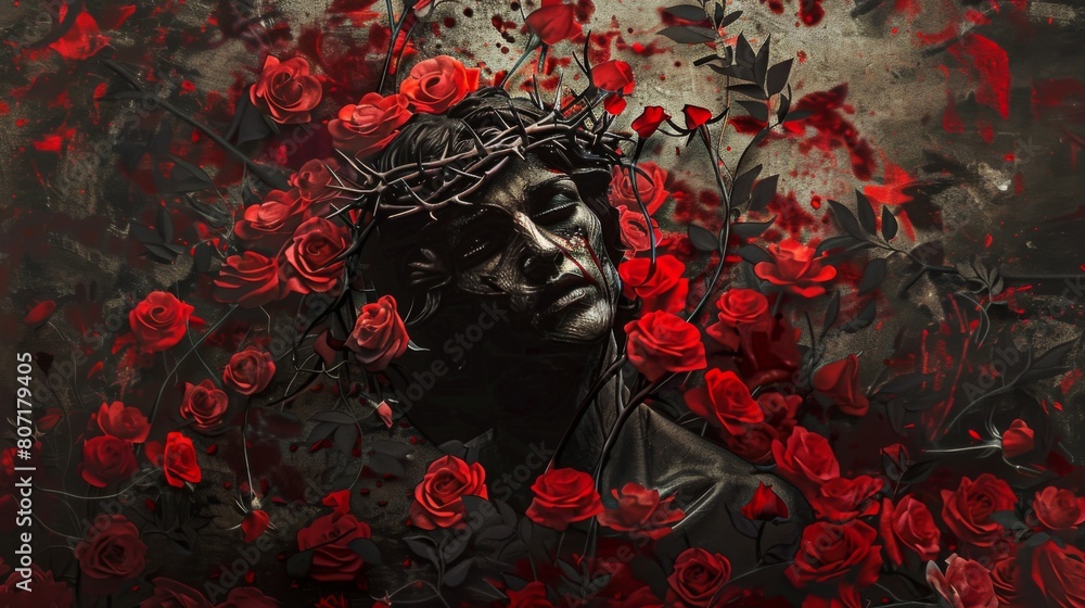 Fototapeta premium A haunting portrait of a thorn-crowned figure surrounded by vibrant red roses. The striking contrast between the somber expression and the vivid blossoms evokes a poignant blend of beauty and sorrow.