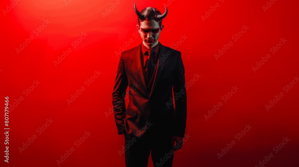 A stylishly sinister figure sporting horns and a sharp crimson suit stands against a similarly toned background, blending high fashion with a hint of the diabolical. A stylishly sinister figure sporting horns and a sharp crimson suit stands against a similarly toned background, blending high fashion with a hint of the diabolical.